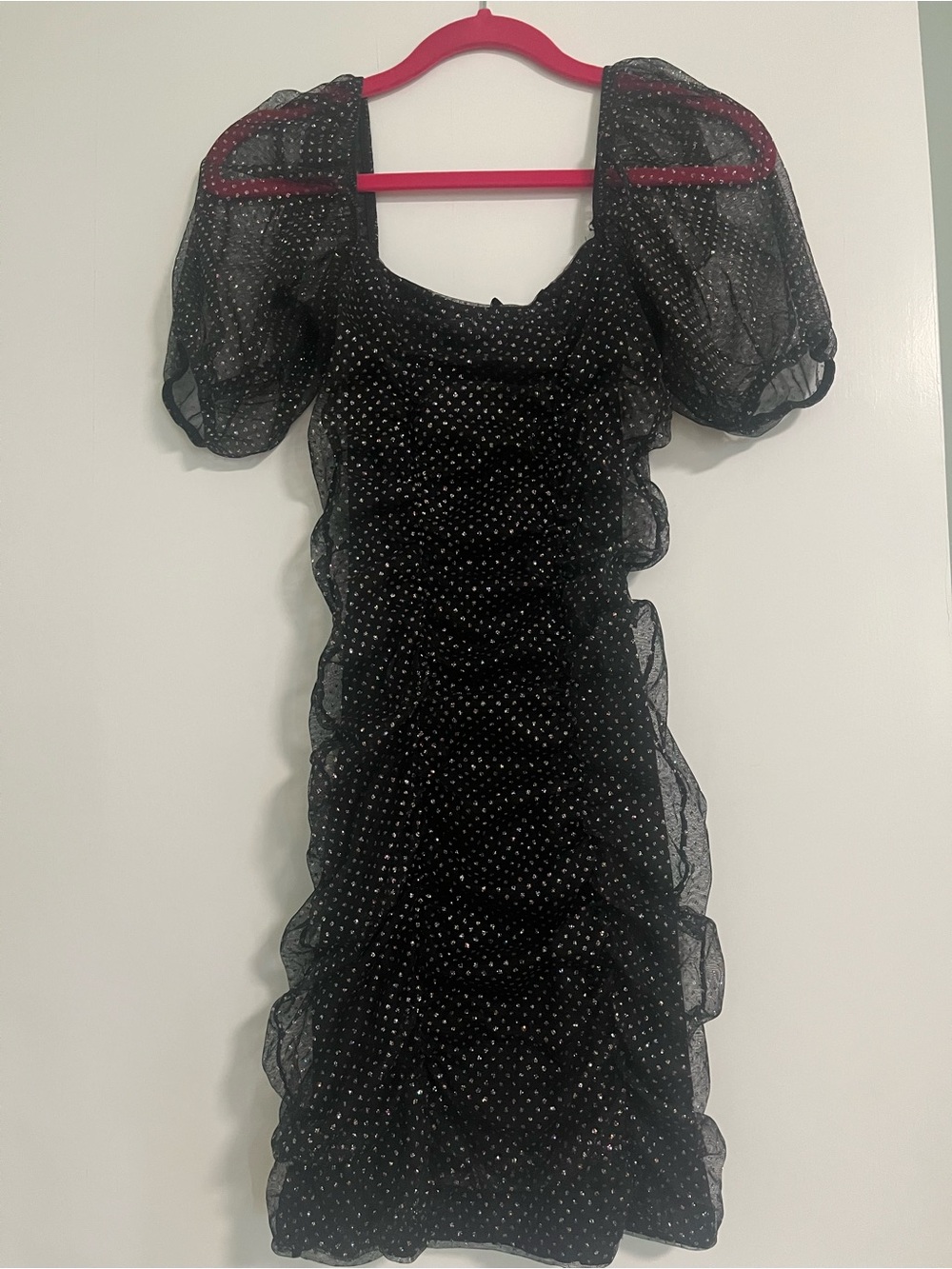 H&M Black Glitter Mesh Ruched Puff Sleeve Mini Dress XS